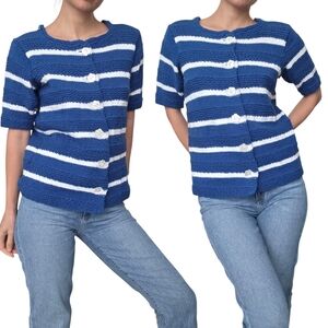 Handmade Blue and white striped short sleeve knit button down sweater Size S